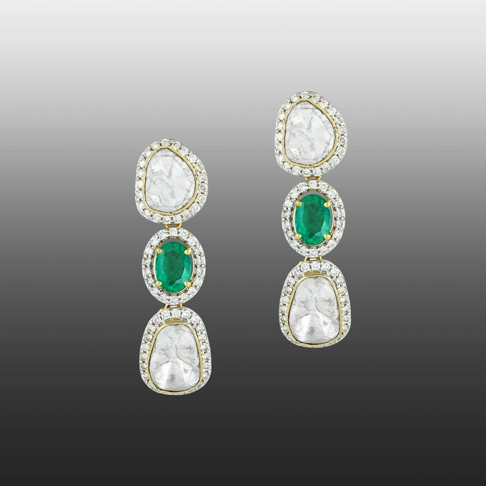 Oval Emerald Earrings with Polki & Diamond Halo Borders